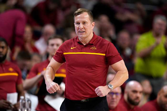Iowa State head coach T.J. Otzelberger watches from the bench during the first half of an NCAA college basketball game against TCU